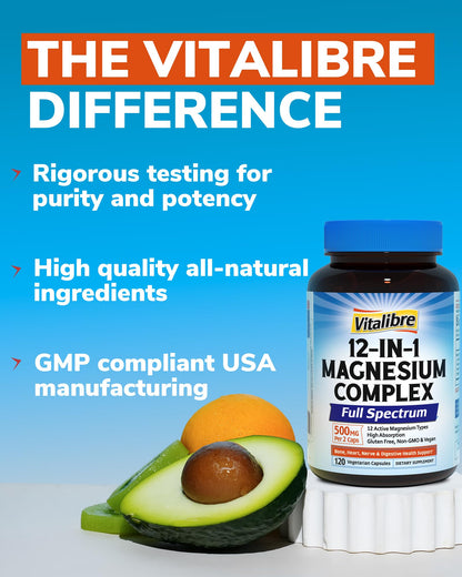 Vitalibre 12 in 1 Magnesium Complex Supplement 500mg | Max Absorption Chelated Magnesium Glycinate Citrate Malate & More for Bone, Nerve & Digestive Support | Non-GMO Vegan Capsules (120 Count) - dailyvitalstore