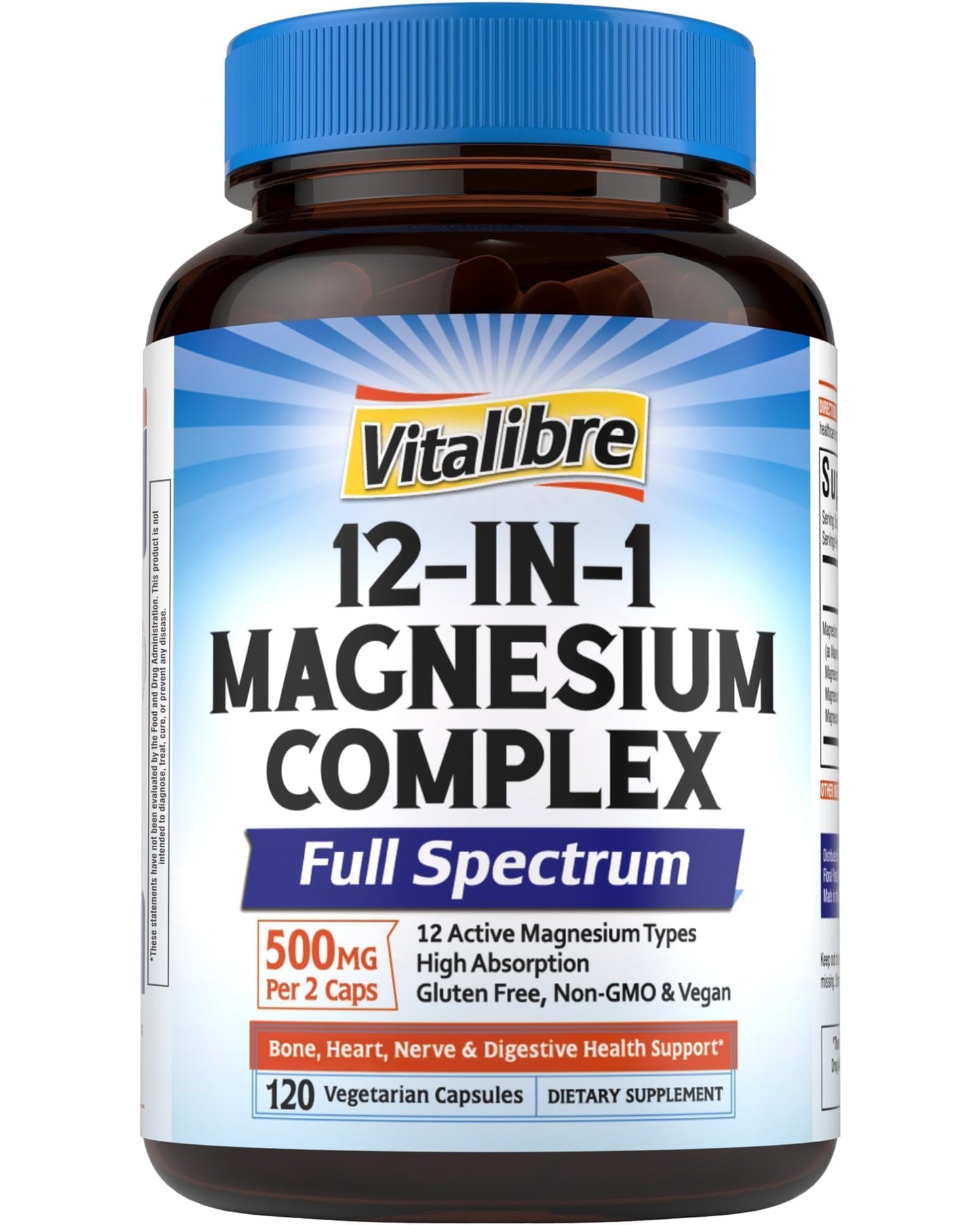 Vitalibre 12 in 1 Magnesium Complex Supplement 500mg | Max Absorption Chelated Magnesium Glycinate Citrate Malate & More for Bone, Nerve & Digestive Support | Non-GMO Vegan Capsules (120 Count) - dailyvitalstore