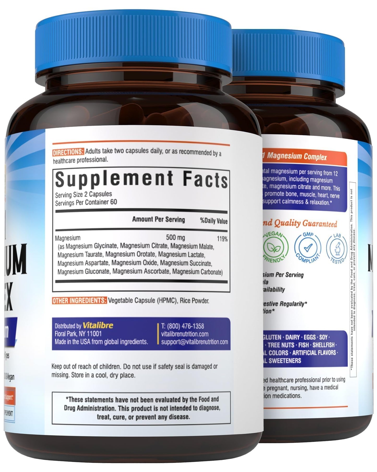 Vitalibre 12 in 1 Magnesium Complex Supplement 500mg | Max Absorption Chelated Magnesium Glycinate Citrate Malate & More for Bone, Nerve & Digestive Support | Non-GMO Vegan Capsules (120 Count) - dailyvitalstore