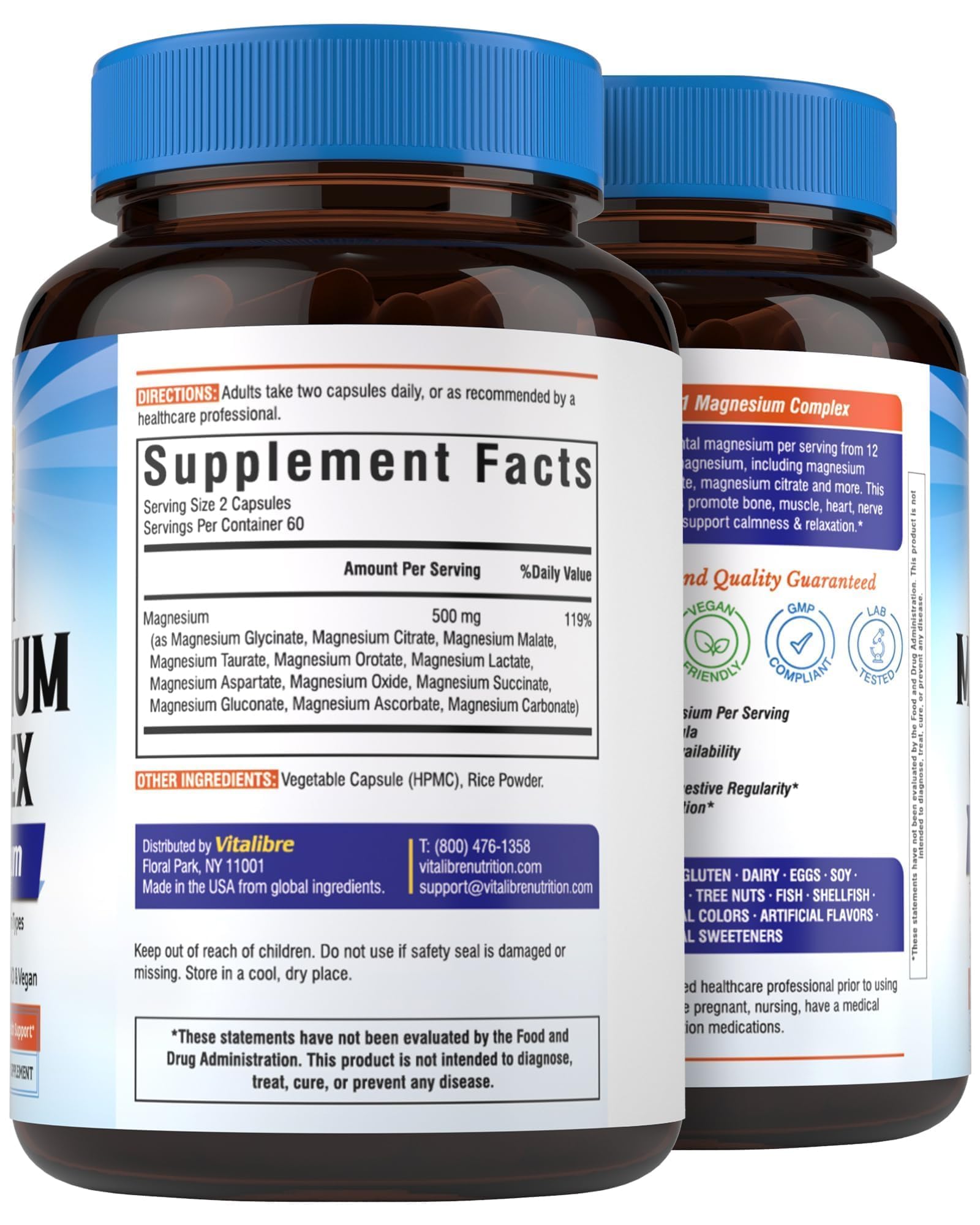 Vitalibre 12 in 1 Magnesium Complex Supplement 500mg | Max Absorption Chelated Magnesium Glycinate Citrate Malate & More for Bone, Nerve & Digestive Support | Non-GMO Vegan Capsules (120 Count) - dailyvitalstore