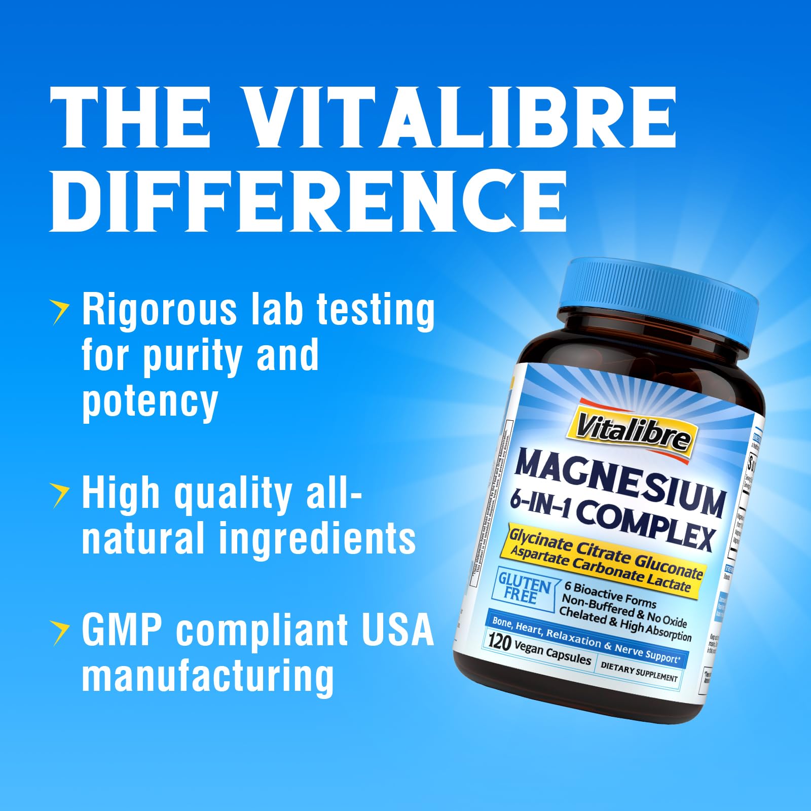 Vitalibre 6 in 1 Magnesium Complex for Women Men, 260mg Elemental Magnesium | Max Absorption | Chelated Magnesium Supplement for Bone, Relaxation & Nerves Support | Non-GMO, 120 Vegan Capsules - dailyvitalstore
