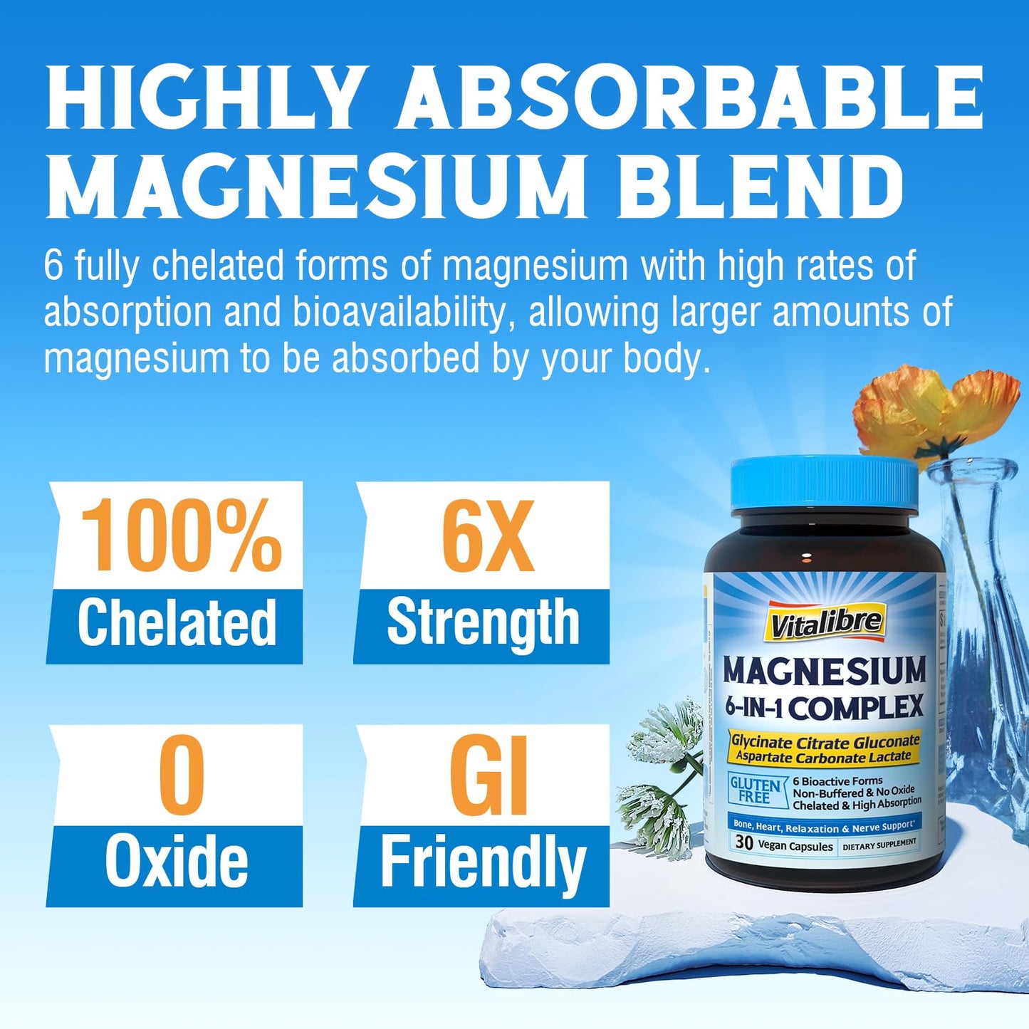 Vitalibre 6 in 1 Magnesium Complex for Women Men, 260mg Elemental Magnesium | Max Absorption | Chelated Magnesium Supplement for Bone, Relaxation & Nerves Support | Non-GMO, 120 Vegan Capsules - dailyvitalstore