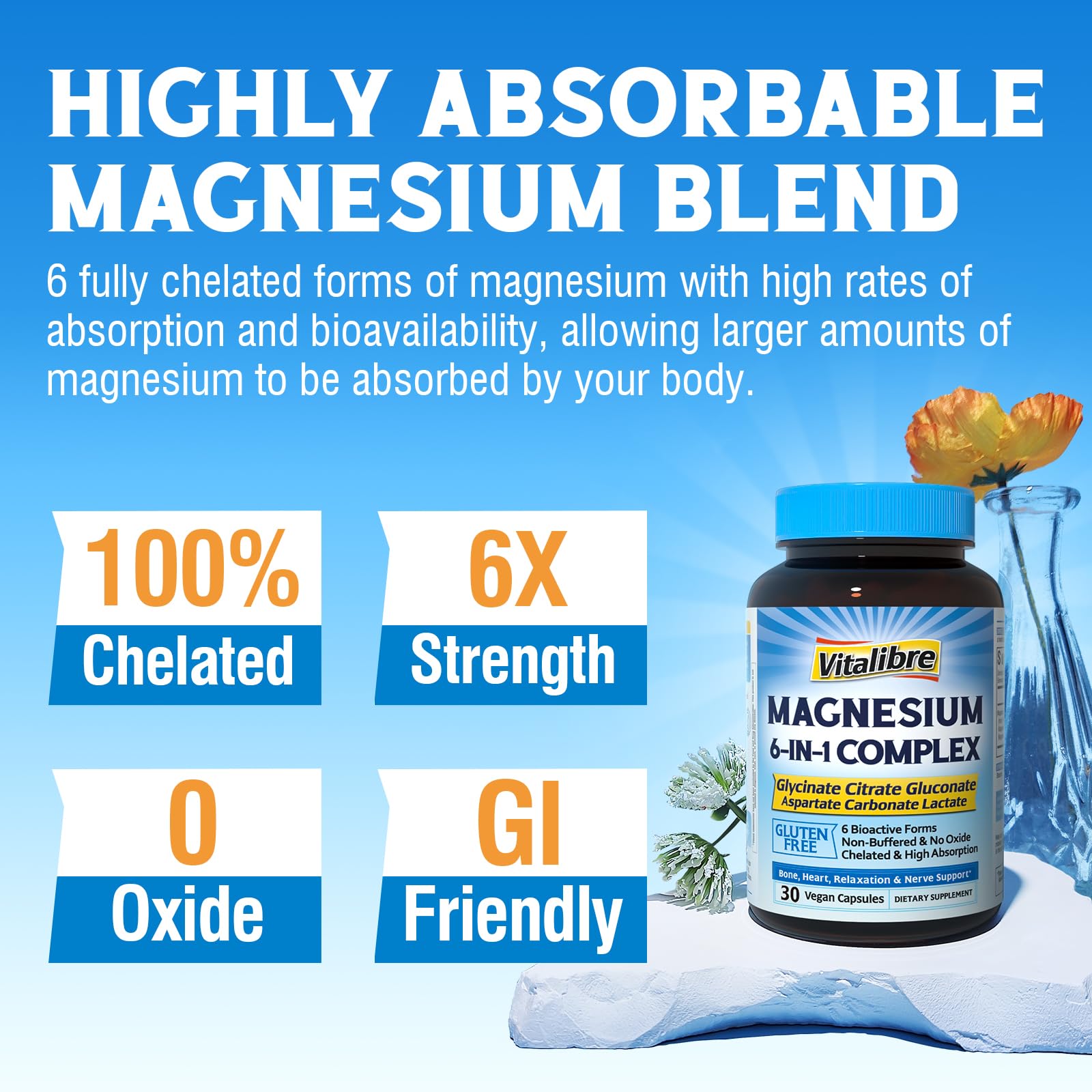 Vitalibre 6 in 1 Magnesium Complex for Women Men, 260mg Elemental Magnesium | Max Absorption | Chelated Magnesium Supplement for Bone, Relaxation & Nerves Support | Non-GMO, 120 Vegan Capsules - dailyvitalstore