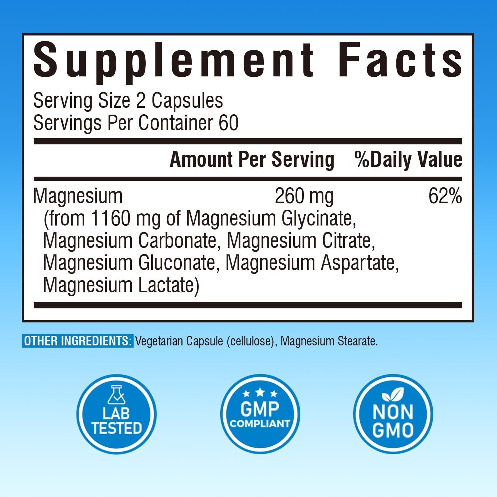 Vitalibre 6 in 1 Magnesium Complex for Women Men, 260mg Elemental Magnesium | Max Absorption | Chelated Magnesium Supplement for Bone, Relaxation & Nerves Support | Non-GMO, 120 Vegan Capsules - dailyvitalstore