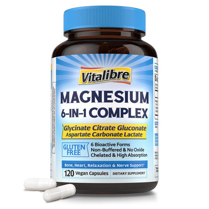 Vitalibre 6 in 1 Magnesium Complex for Women Men, 260mg Elemental Magnesium | Max Absorption | Chelated Magnesium Supplement for Bone, Relaxation & Nerves Support | Non-GMO, 120 Vegan Capsules - dailyvitalstore