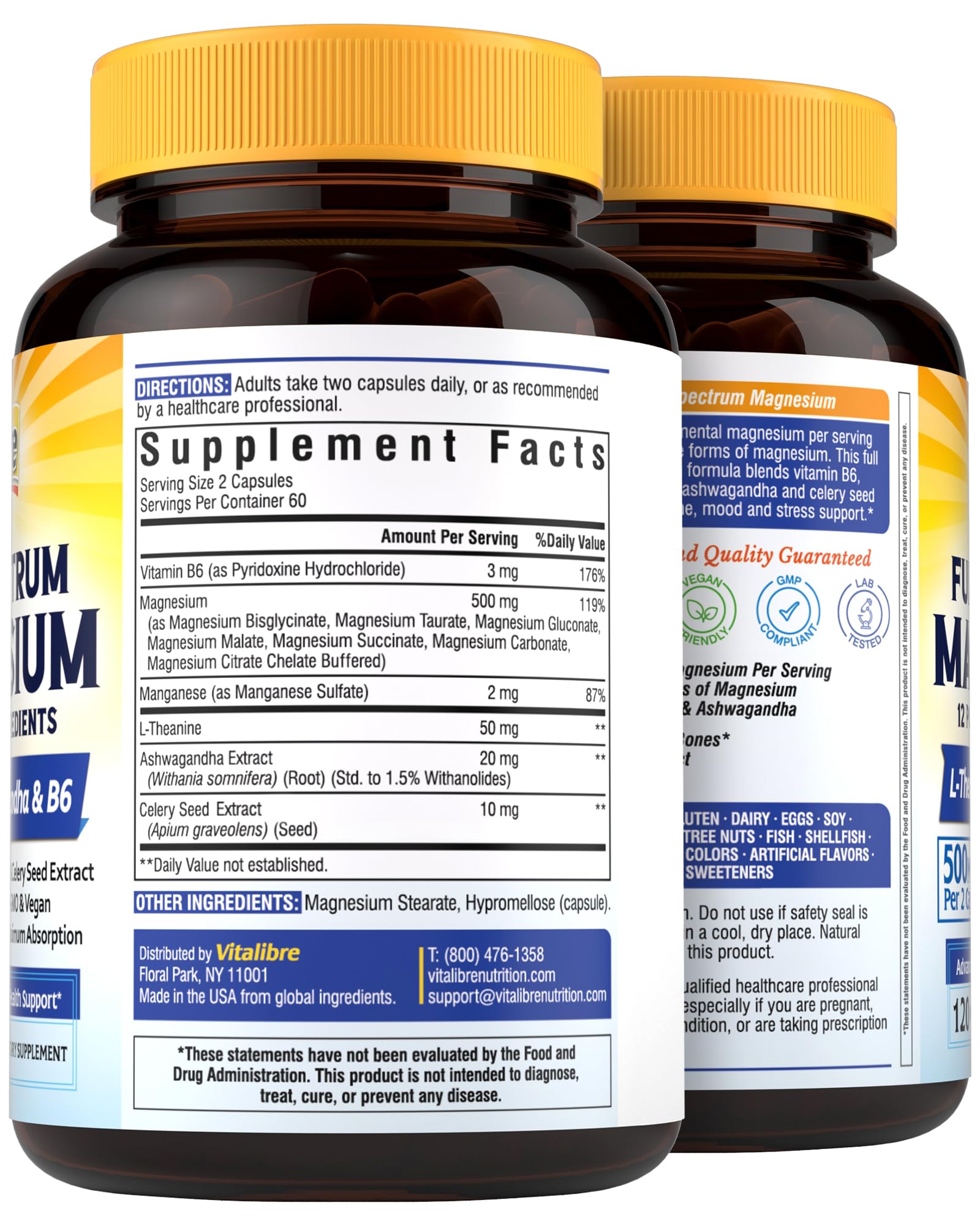 Vitalibre Magnesium Complex Supplement 500mg + Ashwagandha, L-Theanine, Vitamin B6 & Celery, High Absorption Magnesium Glycinate, Citrate, Malate, Sleep & Bone Support, 120 Vegan Capsules - dailyvitalstore