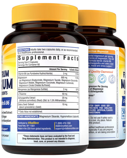 Vitalibre Magnesium Complex Supplement 500mg + Ashwagandha, L-Theanine, Vitamin B6 & Celery, High Absorption Magnesium Glycinate, Citrate, Malate, Sleep & Bone Support, 120 Vegan Capsules - dailyvitalstore