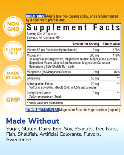Vitalibre Magnesium Complex Supplement 500mg + Ashwagandha, L-Theanine, Vitamin B6 & Celery, High Absorption Magnesium Glycinate, Citrate, Malate, Sleep & Bone Support, 120 Vegan Capsules - dailyvitalstore