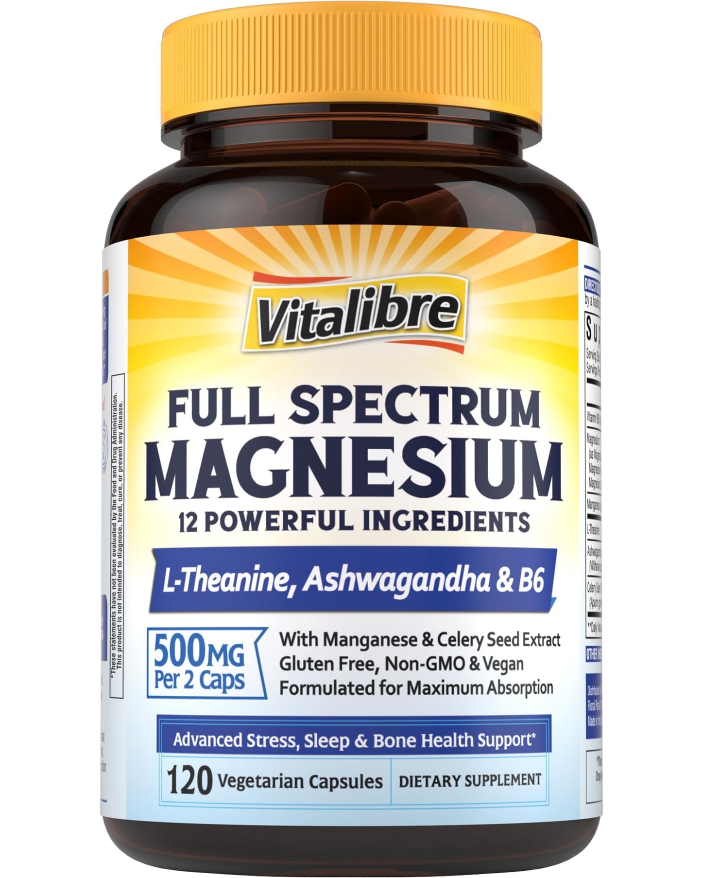 Vitalibre Magnesium Complex Supplement 500mg + Ashwagandha, L-Theanine, Vitamin B6 & Celery, High Absorption Magnesium Glycinate, Citrate, Malate, Sleep & Bone Support, 120 Vegan Capsules - dailyvitalstore