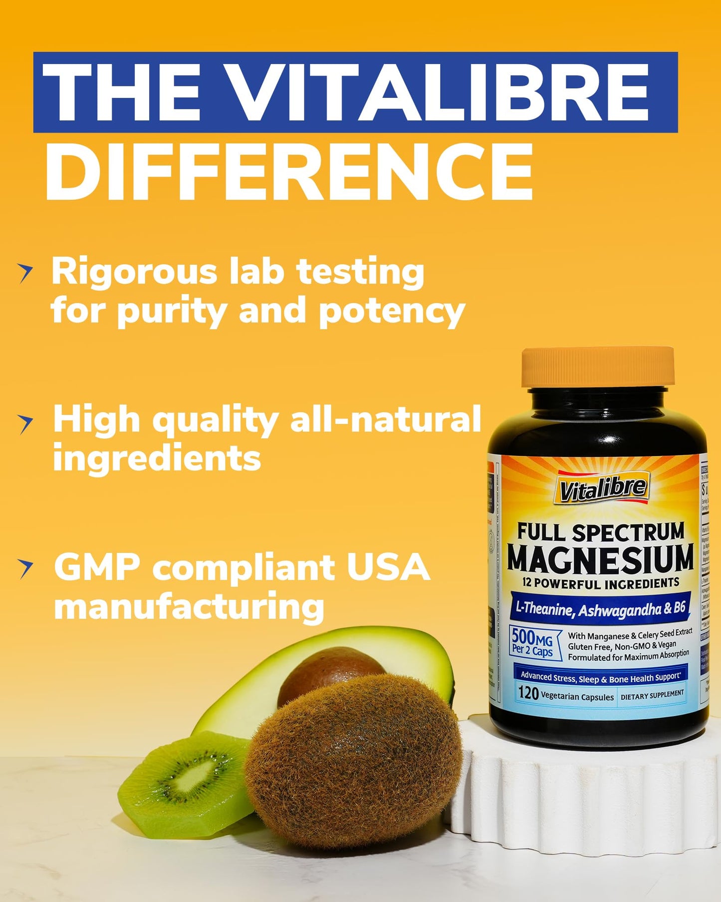 Vitalibre Magnesium Complex Supplement 500mg + Ashwagandha, L-Theanine, Vitamin B6 & Celery, High Absorption Magnesium Glycinate, Citrate, Malate, Sleep & Bone Support, 120 Vegan Capsules - dailyvitalstore
