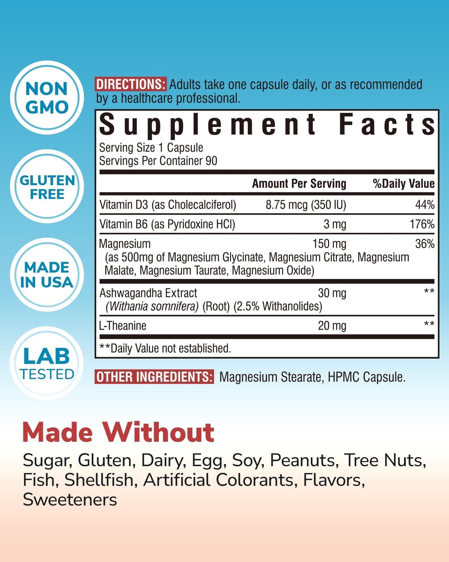 Vitalibre Magnesium Complex with Ashwagandha & L-Theanine - Stress Relief, Bone & Relaxation Support - w/Vitamin D3, B6 - Glycinate, Citrate, Malate, Taurate - 90 Vegan Capsules, Non-GMO, Gluten Free - dailyvitalstore