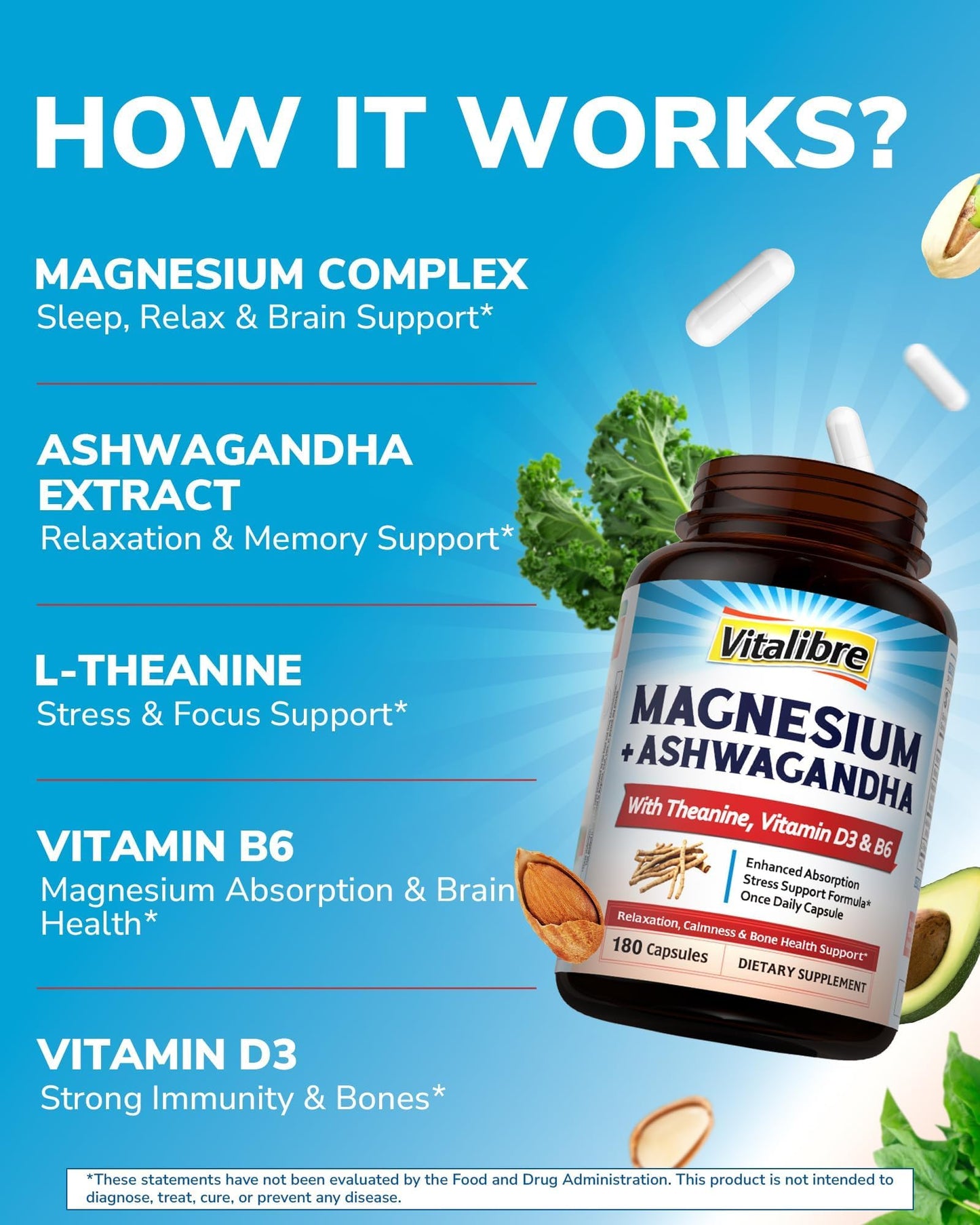 Vitalibre Magnesium Complex with Ashwagandha & L-Theanine - Stress Relief, Bone & Relaxation Support - w/Vitamin D3, B6 - Glycinate, Citrate, Malate, Taurate - 90 Vegan Capsules, Non-GMO, Gluten Free - dailyvitalstore