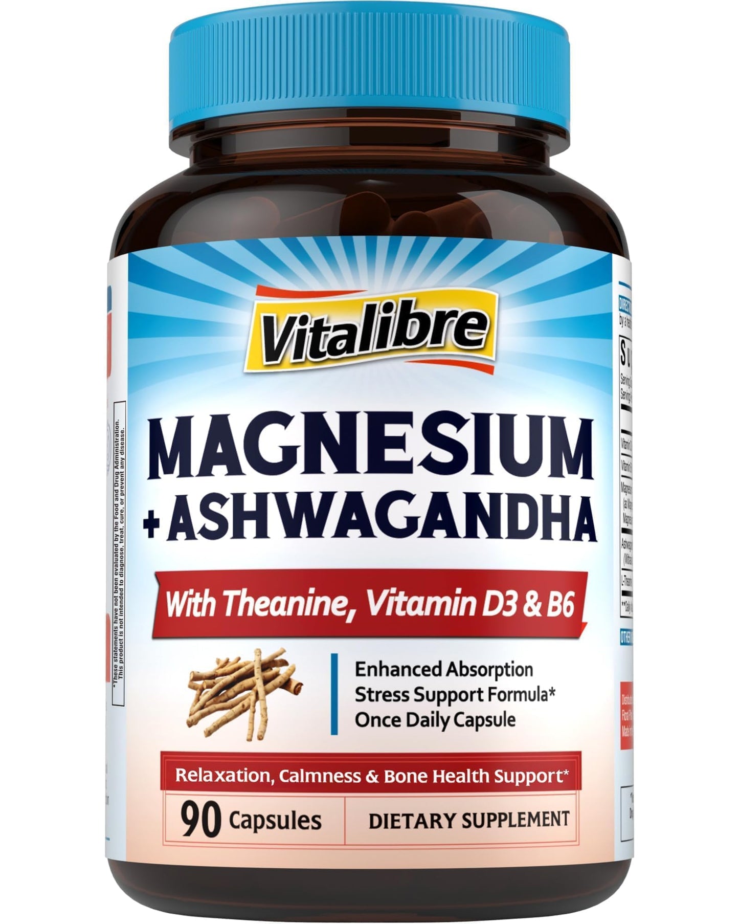 Vitalibre Magnesium Complex with Ashwagandha & L-Theanine - Stress Relief, Bone & Relaxation Support - w/Vitamin D3, B6 - Glycinate, Citrate, Malate, Taurate - 90 Vegan Capsules, Non-GMO, Gluten Free - dailyvitalstore