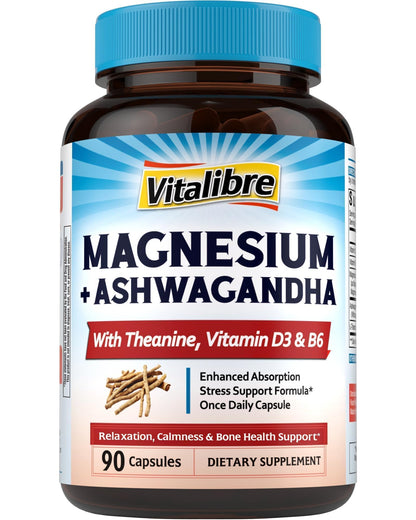Vitalibre Magnesium Complex with Ashwagandha & L-Theanine - Stress Relief, Bone & Relaxation Support - w/Vitamin D3, B6 - Glycinate, Citrate, Malate, Taurate - 90 Vegan Capsules, Non-GMO, Gluten Free - dailyvitalstore