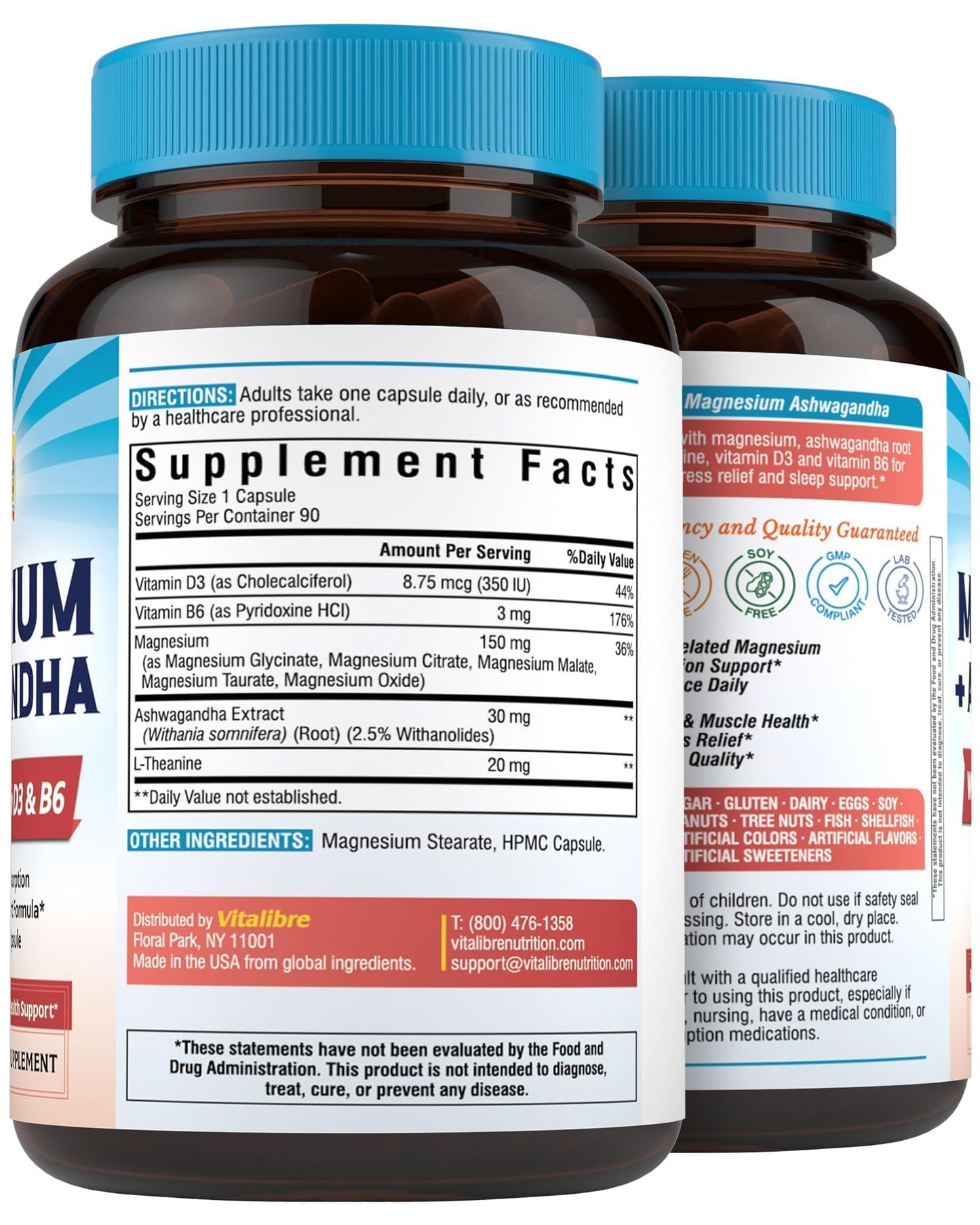 Vitalibre Magnesium Complex with Ashwagandha & L-Theanine - Stress Relief, Bone & Relaxation Support - w/Vitamin D3, B6 - Glycinate, Citrate, Malate, Taurate - 90 Vegan Capsules, Non-GMO, Gluten Free - dailyvitalstore