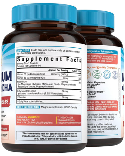Vitalibre Magnesium Complex with Ashwagandha & L-Theanine - Stress Relief, Bone & Relaxation Support - w/Vitamin D3, B6 - Glycinate, Citrate, Malate, Taurate - 90 Vegan Capsules, Non-GMO, Gluten Free - dailyvitalstore