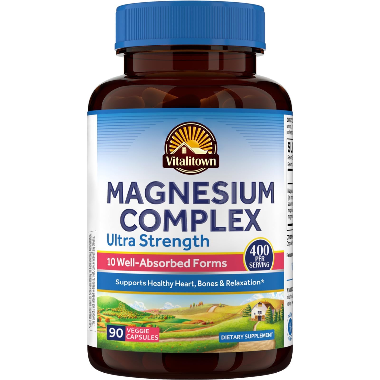 Vitalitown 10 in 1 Magnesium Complex Supplement - 400mg Elemental Magnesium Chelated with Glycinate, Citrate, Malate, Taurate & More - for Sleep Heart Energy - Non-GMO, Vegan, 90 Caps - dailyvitalstore