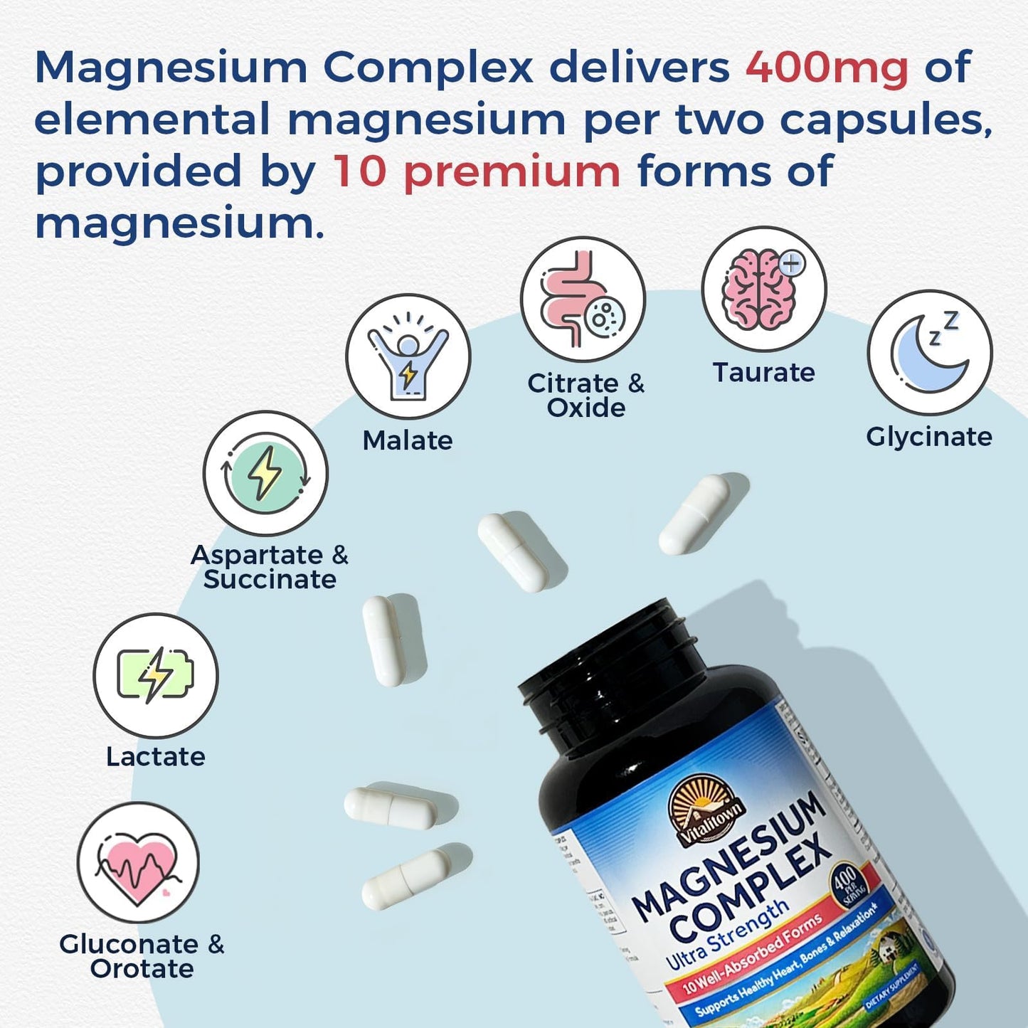 Vitalitown 10 in 1 Magnesium Complex Supplement - 400mg Elemental Magnesium Chelated with Glycinate, Citrate, Malate, Taurate & More - for Sleep Heart Energy - Non-GMO, Vegan, 90 Caps - dailyvitalstore