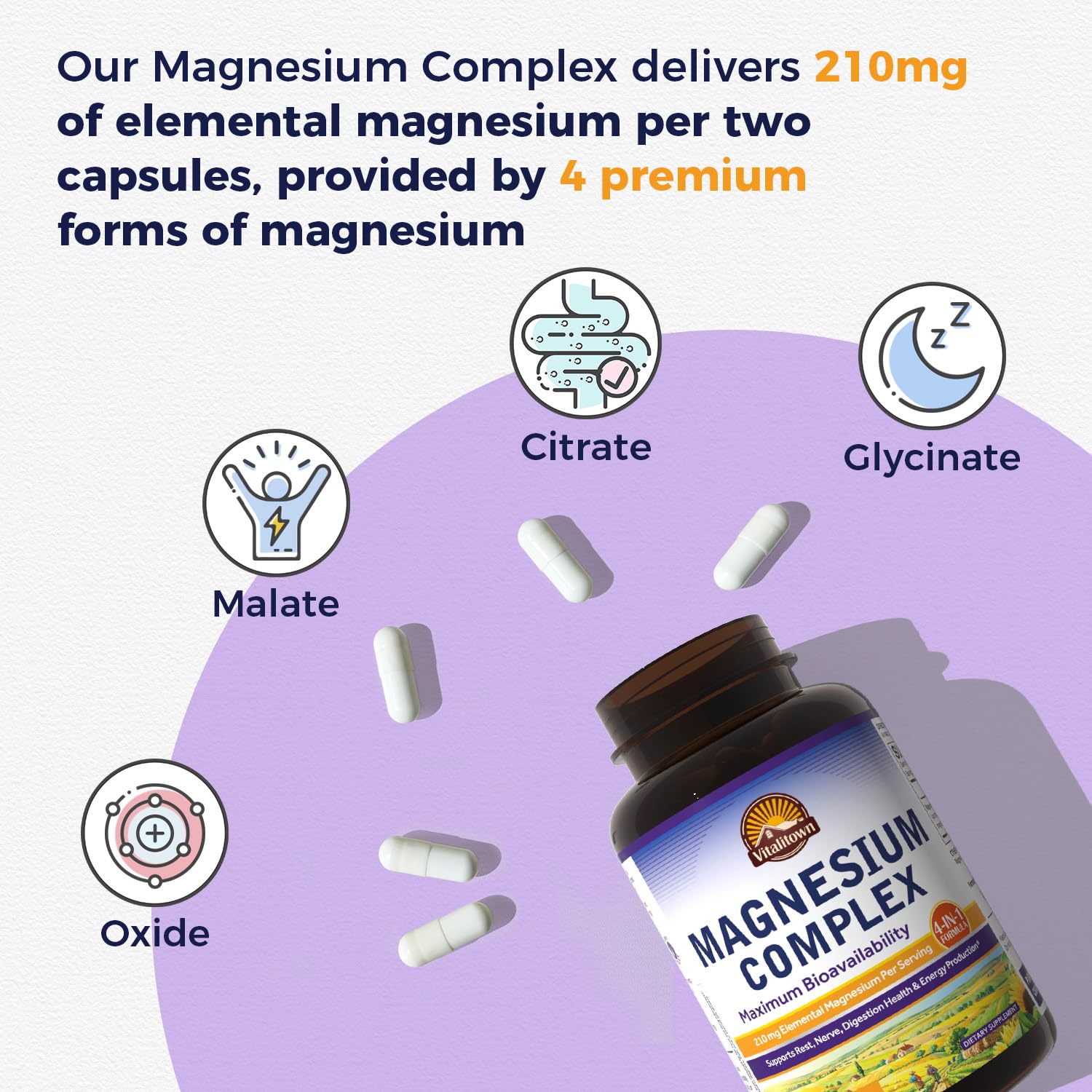 Vitalitown Magnesium Complex | Chelated Easily Absorbed Magnesium Glycinate Citrate Malate | Buffered | 210mg Elemental Mag | Sleep, Nerve, Digestion, Energy | Non-GMO 240 Veg Caps - dailyvitalstore