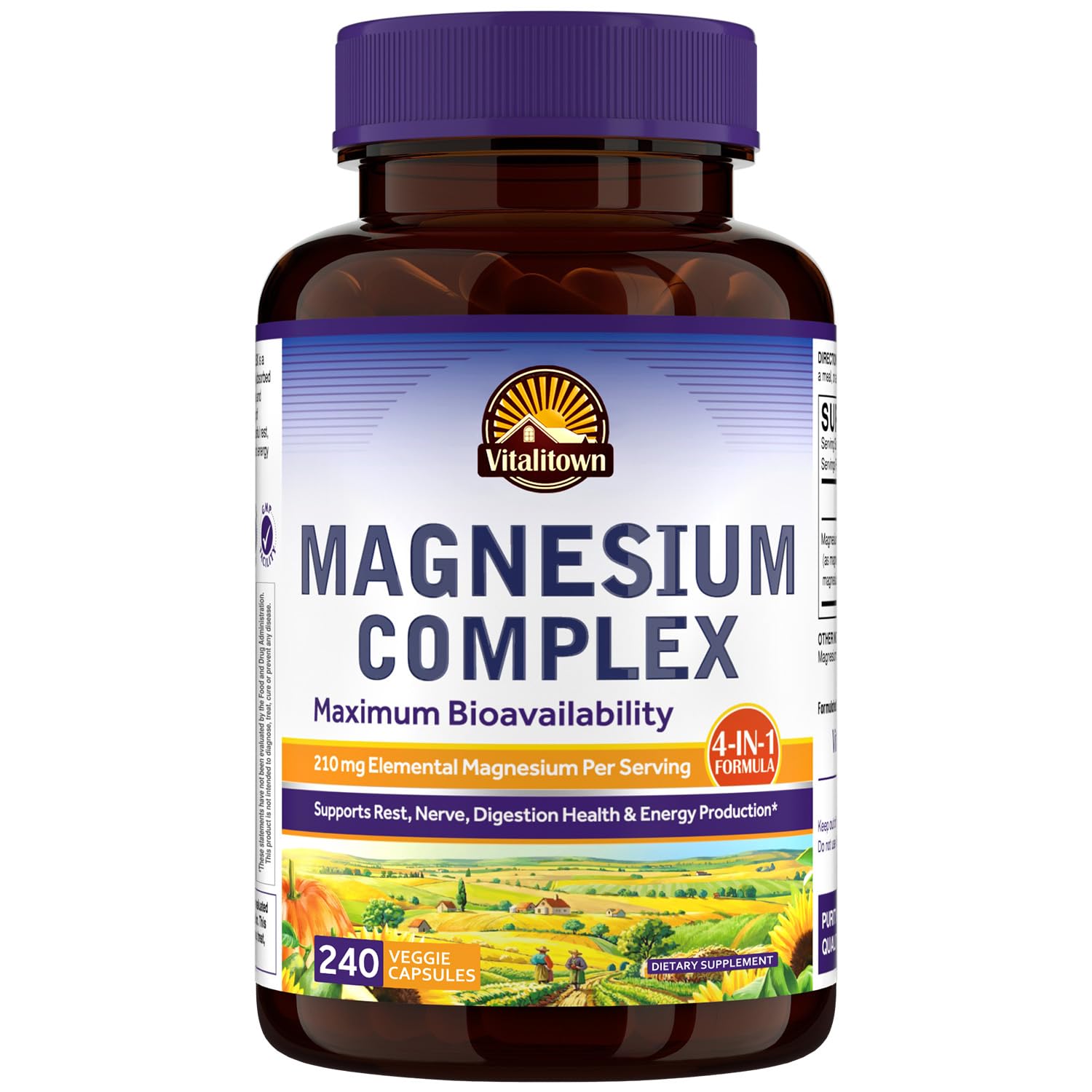 Vitalitown Magnesium Complex | Chelated Easily Absorbed Magnesium Glycinate Citrate Malate | Buffered | 210mg Elemental Mag | Sleep, Nerve, Digestion, Energy | Non-GMO 240 Veg Caps - dailyvitalstore