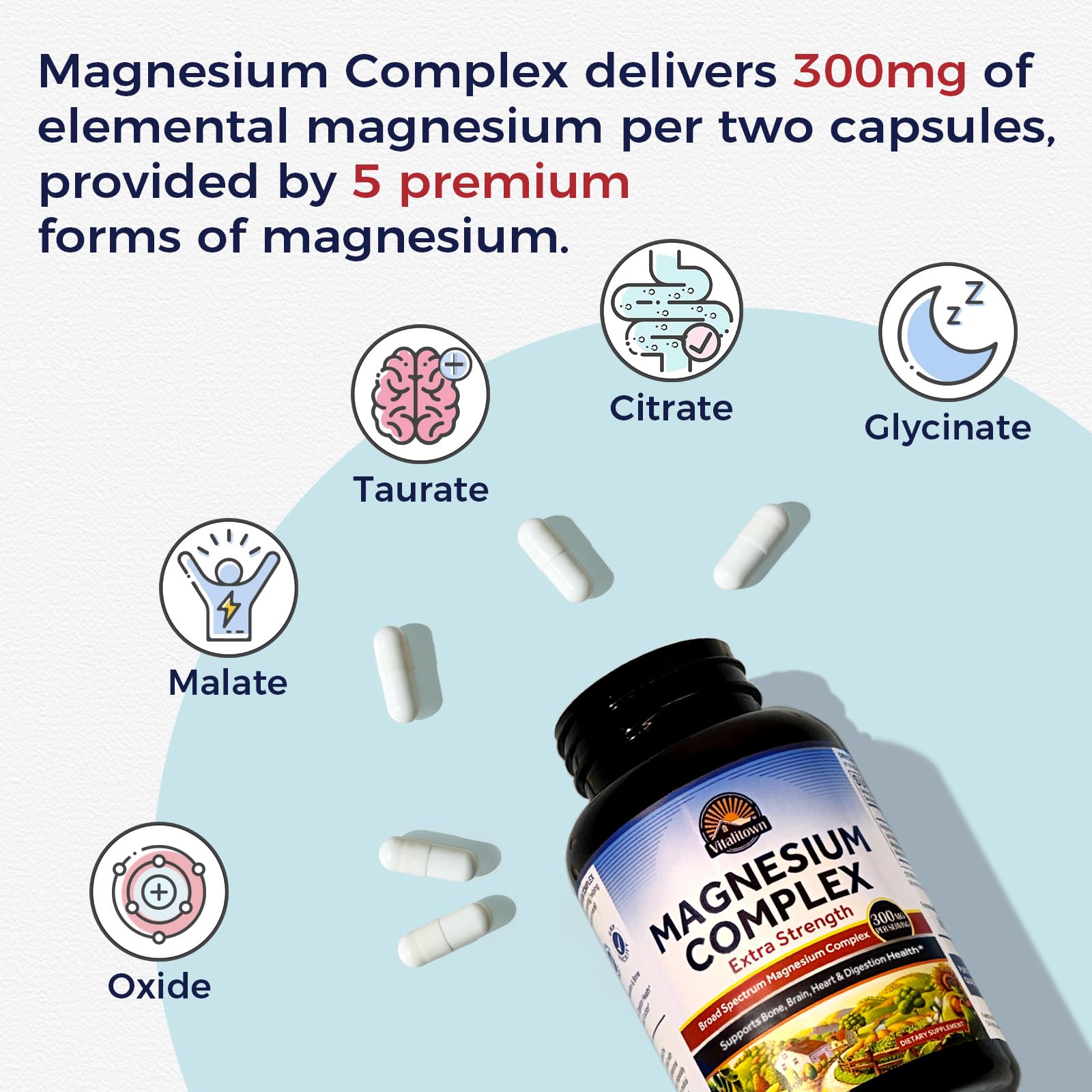 Vitalitown Magnesium Complex Supplement | 300mg Elemental Mag | Magnesium Citrate Glycinate Taurate Malate | Non-GMO, No Gluten, 90 Vegan Magnesio Capsules for Bone Brain Heart - dailyvitalstore