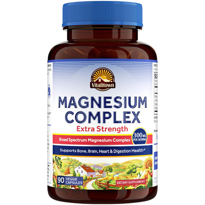 Vitalitown Magnesium Complex Supplement | 300mg Elemental Mag | Magnesium Citrate Glycinate Taurate Malate | Non-GMO, No Gluten, 90 Vegan Magnesio Capsules for Bone Brain Heart - dailyvitalstore