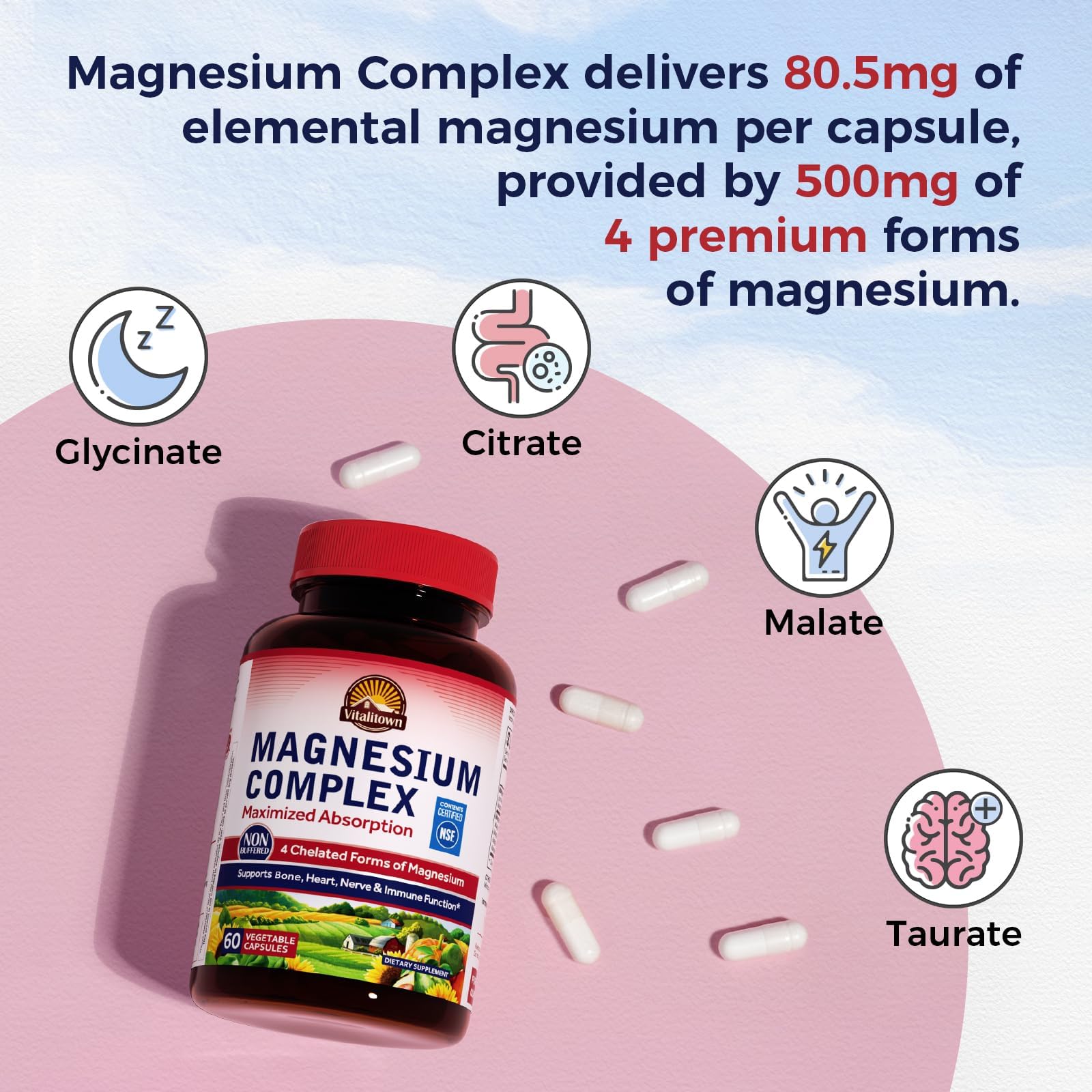 Vitalitown Magnesium Complex Supplement 500mg - NSF Certified Magnesium Glycinate, Malate, Taurate & Citrate - Chelated High Absorption & Gentle on Stomach - Vegan Non-GMO 120 Capsules - dailyvitalstore
