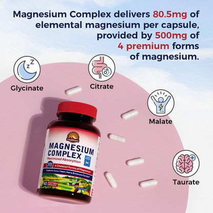 Vitalitown Magnesium Complex Supplement 500mg - NSF Certified Magnesium Glycinate, Malate, Taurate & Citrate - Chelated High Absorption & Gentle on Stomach - Vegan Non-GMO 120 Capsules - dailyvitalstore