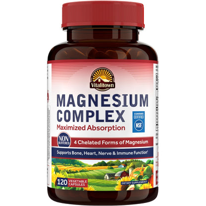 Vitalitown Magnesium Complex Supplement 500mg - NSF Certified Magnesium Glycinate, Malate, Taurate & Citrate - Chelated High Absorption & Gentle on Stomach - Vegan Non-GMO 120 Capsules - dailyvitalstore