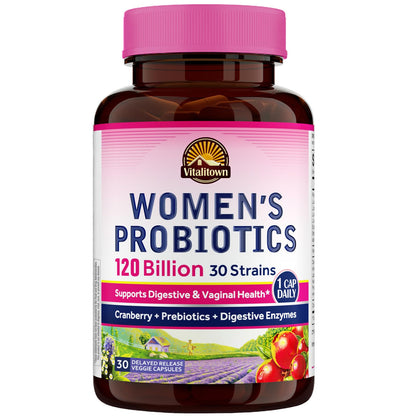 Vitalitown Probiotics for Women 120 Billion CFUs, 30 Strains, with Prebiotics & Digestive Enzymes & Cranberry, Gut & Vaginal Health, Vegan 30 - dailyvitalstore