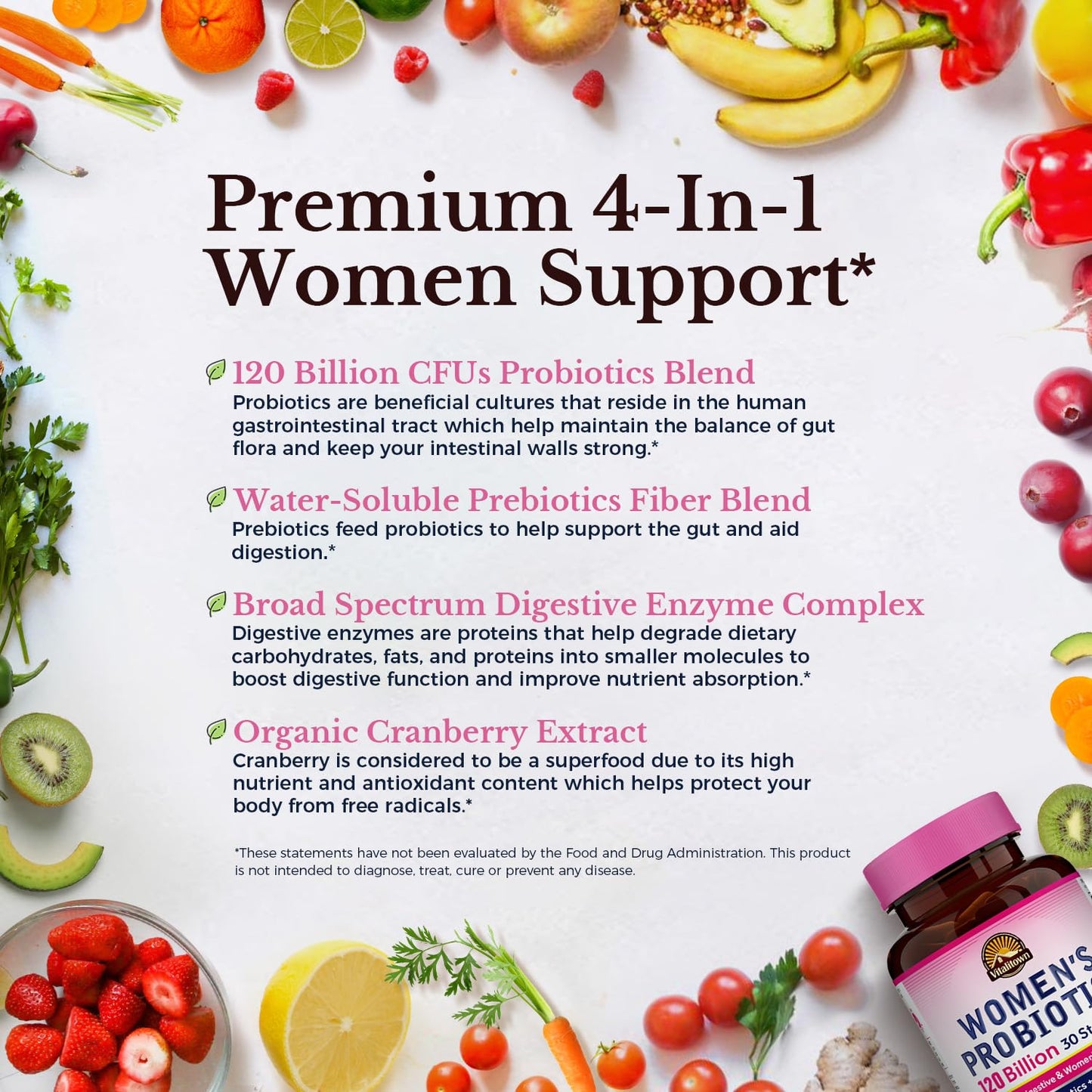 Vitalitown Probiotics for Women 120 Billion CFUs, 30 Strains, with Prebiotics & Digestive Enzymes & Cranberry, Gut & Vaginal Health, Vegan 30 - dailyvitalstore