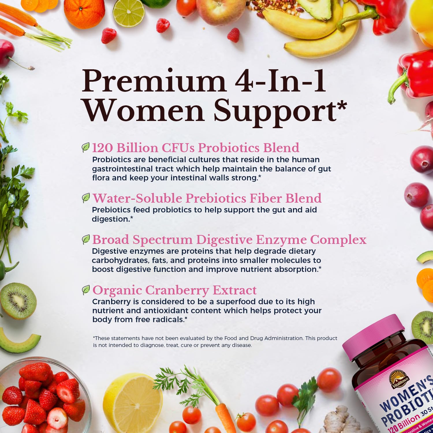 Vitalitown Probiotics for Women 120 Billion CFUs, 30 Strains, with Prebiotics & Digestive Enzymes & Cranberry, Gut & Vaginal Health, Vegan 30 - dailyvitalstore