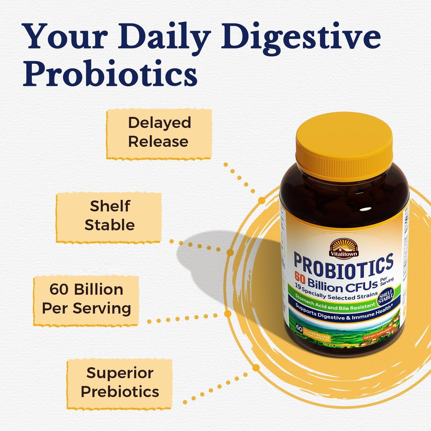 Vitalitown Probiotics + Prebiotics | 60 Billion CFUs 19 Strains | 60 Delayed Release Veg Caps | Shelf Stable, Prebiotics and Probiotics | Digestive Health - dailyvitalstore