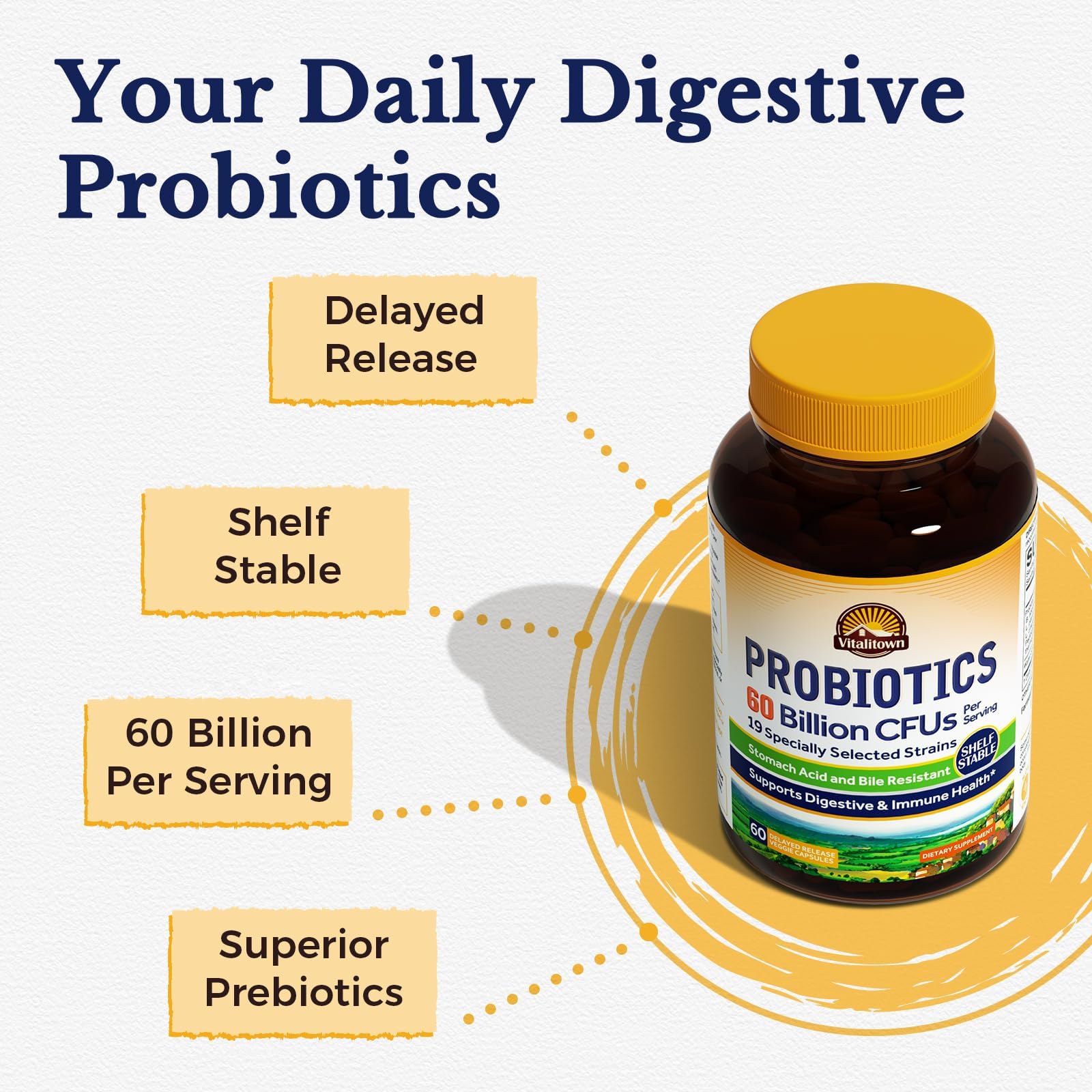 Vitalitown Probiotics + Prebiotics | 60 Billion CFUs 19 Strains | 60 Delayed Release Veg Caps | Shelf Stable, Prebiotics and Probiotics | Digestive Health - dailyvitalstore