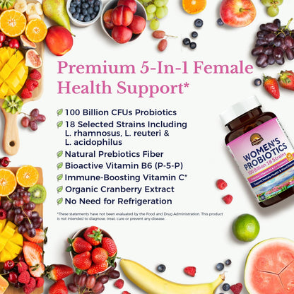 Vitalitown Women's Probiotics | 100 Billion CFUs 18 Strains | Prebiotics, VC & B6, Cranberry | Shelf Stable | Vaginal, Urinary - dailyvitalstore