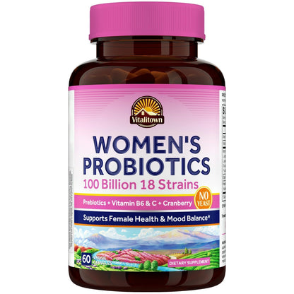 Vitalitown Women's Probiotics | 100 Billion CFUs 18 Strains | Prebiotics, VC & B6, Cranberry | Shelf Stable | Vaginal, Urinary - dailyvitalstore