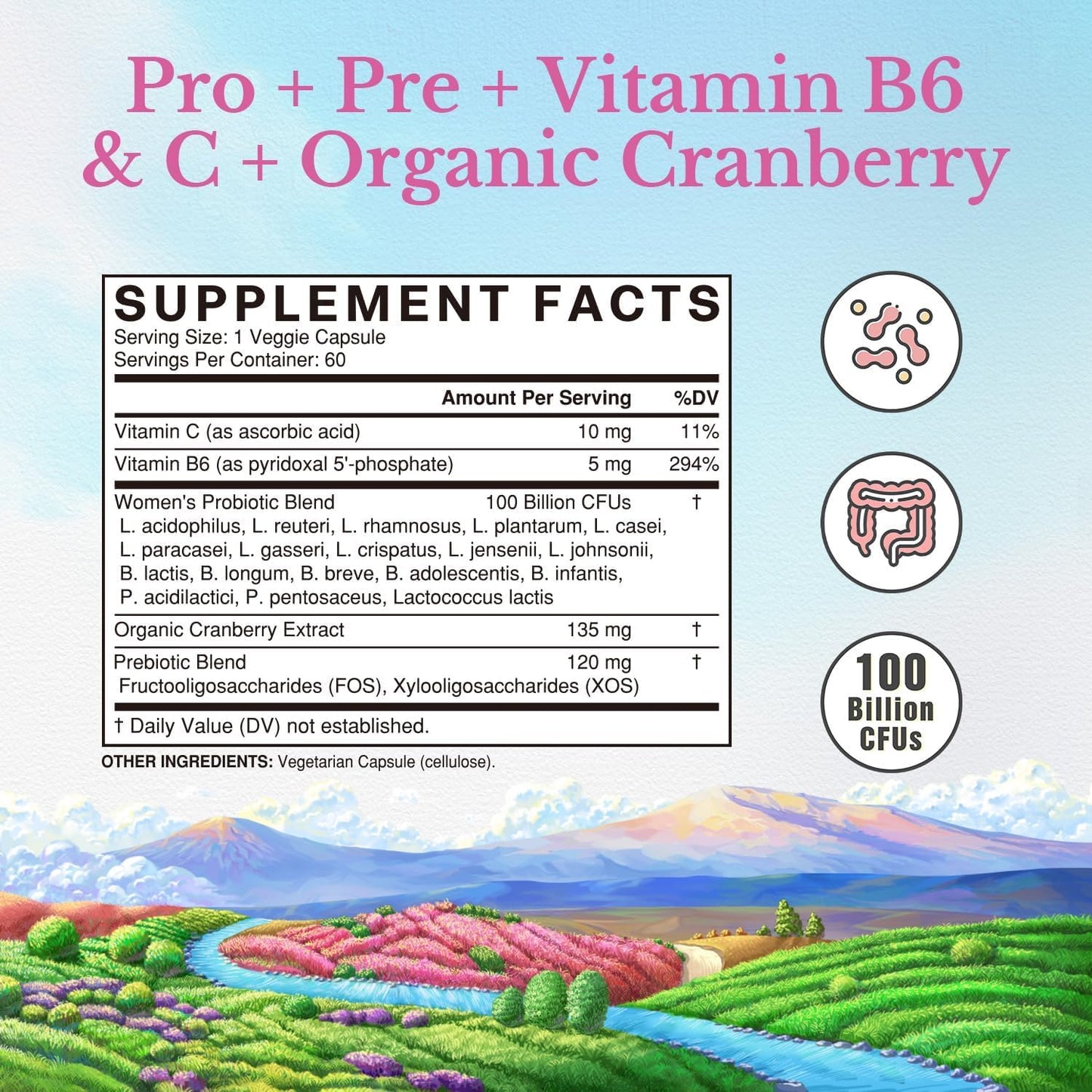 Vitalitown Women's Probiotics | 100 Billion CFUs 18 Strains | Prebiotics, VC & B6, Cranberry | Shelf Stable | Vaginal, Urinary - dailyvitalstore