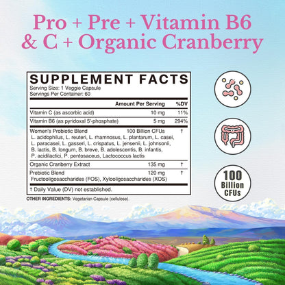 Vitalitown Women's Probiotics | 100 Billion CFUs 18 Strains | Prebiotics, VC & B6, Cranberry | Shelf Stable | Vaginal, Urinary - dailyvitalstore