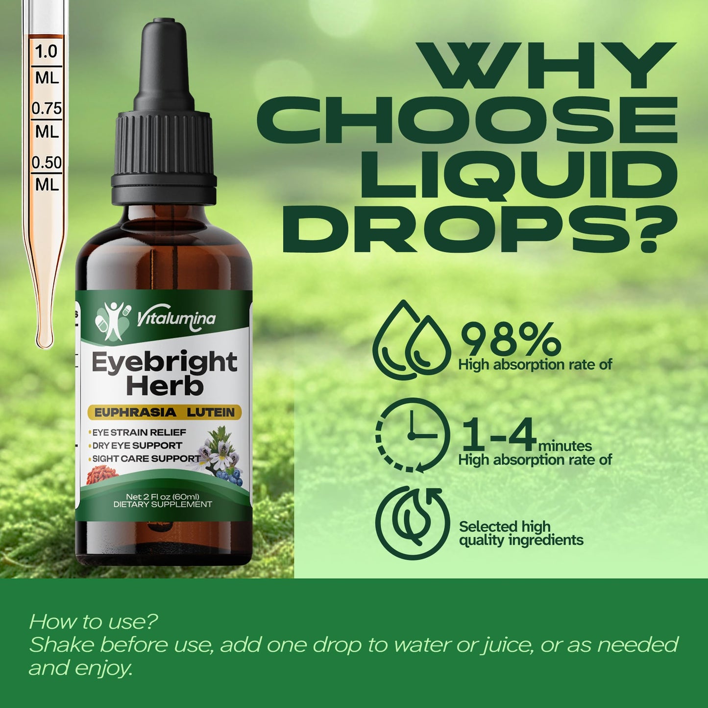 Vitalumina Eyebright Herbal Liquid with Organic Euphrasia, Lutein, Bilberry, Blueberry & Goji – Plant-Based Vegan Supplement for Adults – 4 fl oz - dailyvitalstore