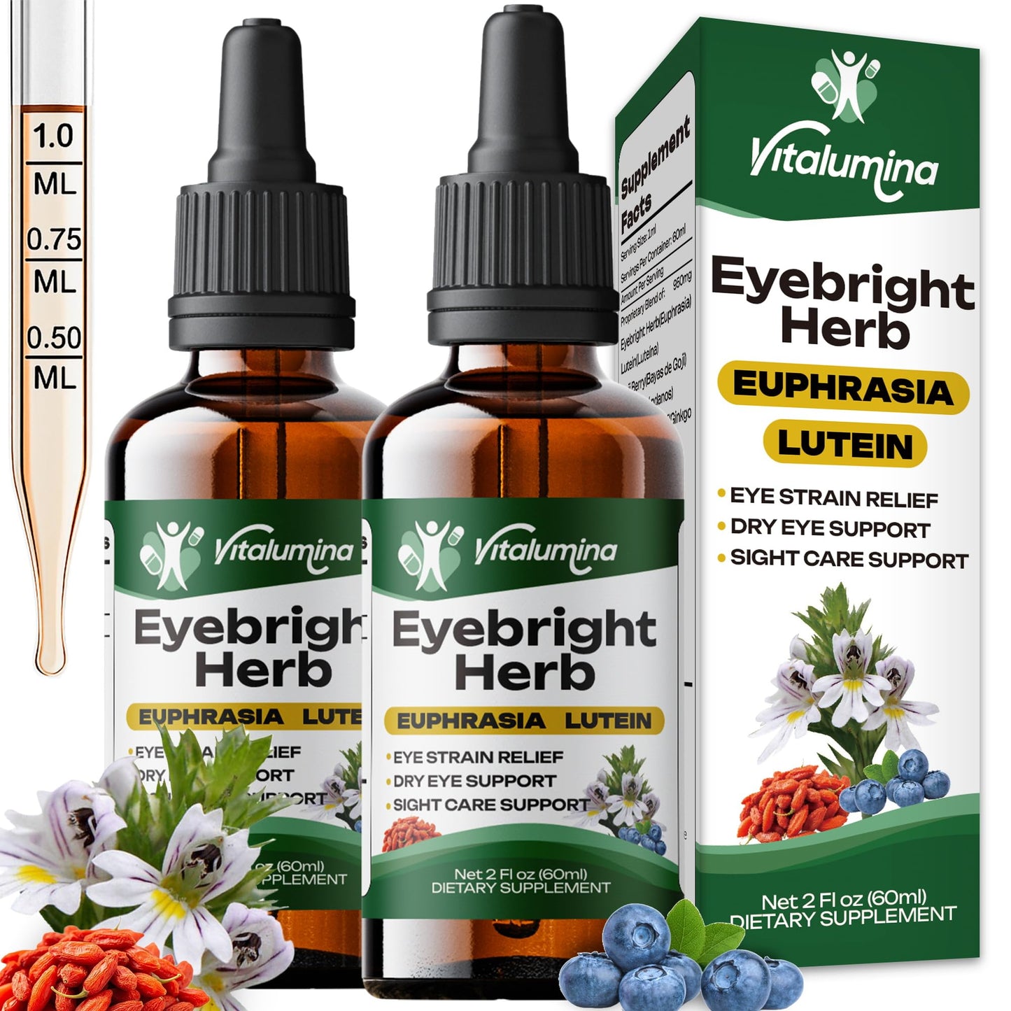Vitalumina Eyebright Herbal Liquid with Organic Euphrasia, Lutein, Bilberry, Blueberry & Goji – Plant-Based Vegan Supplement for Adults – 4 fl oz - dailyvitalstore