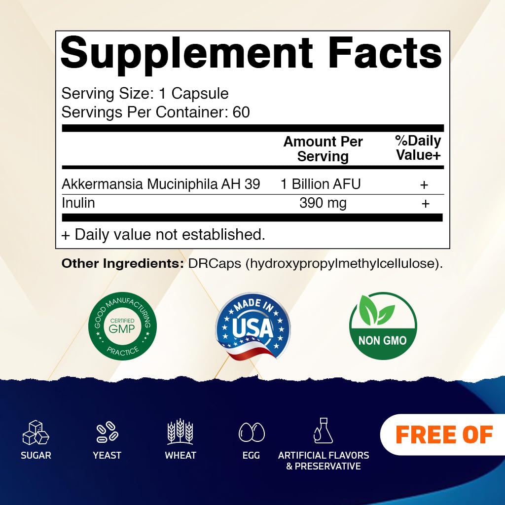 Vitamatic Akkermansia Muciniphila Gut Health - 60 DR Capsules (Delayed Released) - Made with Prebiotic Inulin Fiber - dailyvitalstore