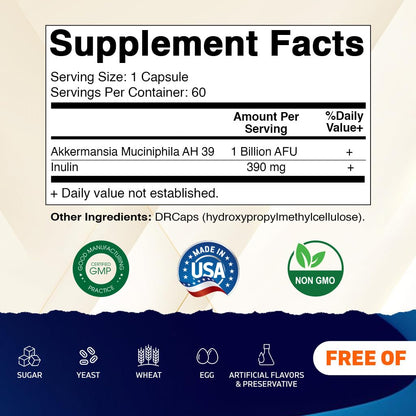 Vitamatic Akkermansia Muciniphila Gut Health - 60 DR Capsules (Delayed Released) - Made with Prebiotic Inulin Fiber - dailyvitalstore