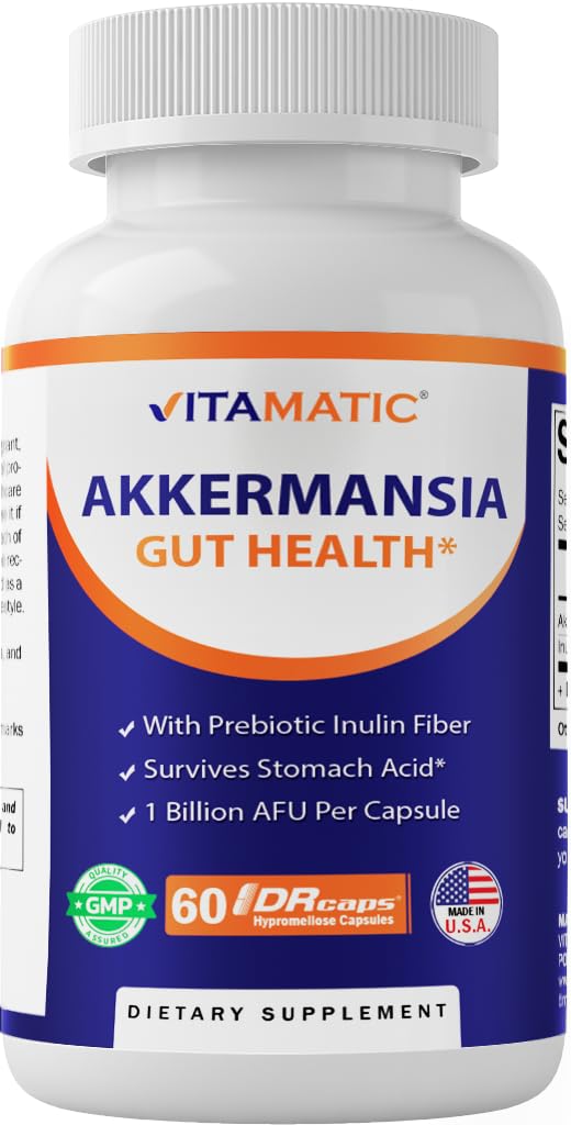 Vitamatic Akkermansia Muciniphila Gut Health - 60 DR Capsules (Delayed Released) - Made with Prebiotic Inulin Fiber - dailyvitalstore