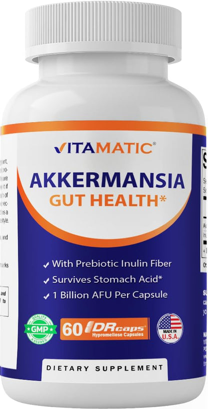 Vitamatic Akkermansia Muciniphila Gut Health - 60 DR Capsules (Delayed Released) - Made with Prebiotic Inulin Fiber - dailyvitalstore