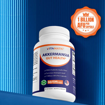 Vitamatic Akkermansia Muciniphila Gut Health - 60 DR Capsules (Delayed Released) - Made with Prebiotic Inulin Fiber - dailyvitalstore