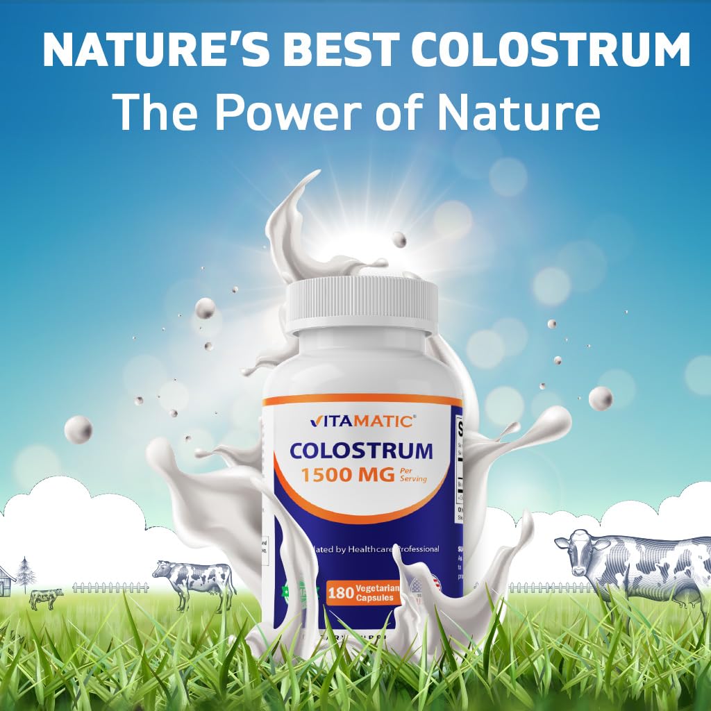 Vitamatic Bovine Colostrum 30% IgG Supplement 1500 mg per Serving - Supplement for Gut Health, Hair Growth, Beauty, Muscle Recovery, & Immune Support - 180 Veg Capsules - dailyvitalstore