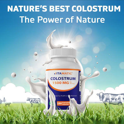 Vitamatic Bovine Colostrum 30% IgG Supplement 1500 mg per Serving - Supplement for Gut Health, Hair Growth, Beauty, Muscle Recovery, & Immune Support - 180 Veg Capsules - dailyvitalstore