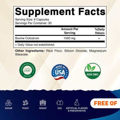 Vitamatic Bovine Colostrum 30% IgG Supplement 1500 mg per Serving - Supplement for Gut Health, Hair Growth, Beauty, Muscle Recovery, & Immune Support - 180 Veg Capsules - dailyvitalstore