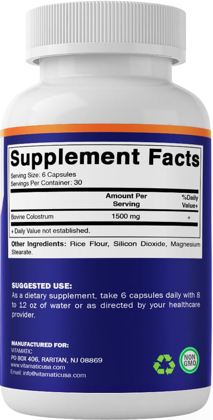 Vitamatic Bovine Colostrum 30% IgG Supplement 1500 mg per Serving - Supplement for Gut Health, Hair Growth, Beauty, Muscle Recovery, & Immune Support - 180 Veg Capsules - dailyvitalstore