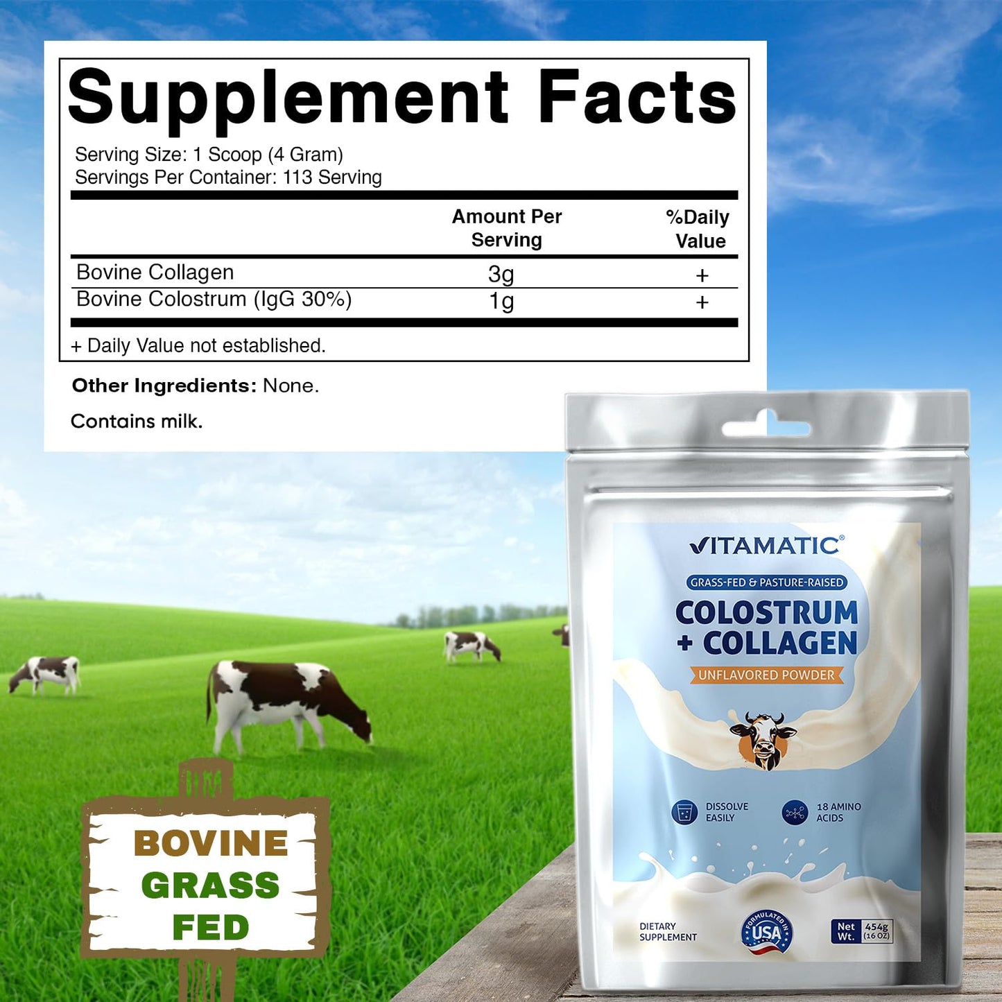 Vitamatic Bovine Colostrum + Collagen Powder - Supplement for Gut Health, Hair Growth, Beauty, Muscle Recovery, & Immune Support - Easy to Mix - Unflavored - 454 Gram, (16 oz) - dailyvitalstore